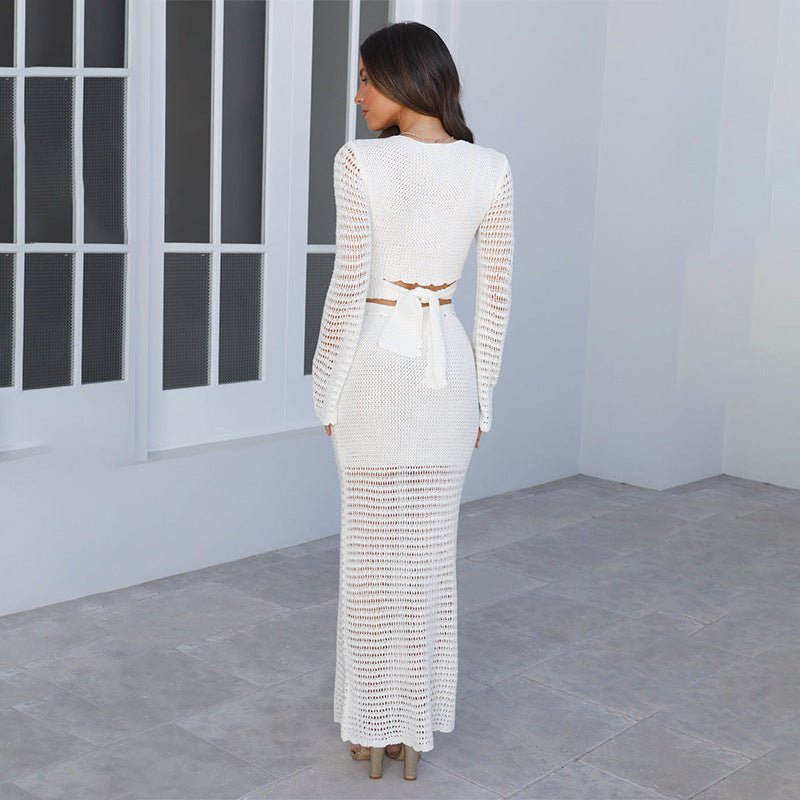 Summer Beach Suit Female Solid Color Sexy Knitting Hollow Beach Crochet Two Piece Skirt Set 3