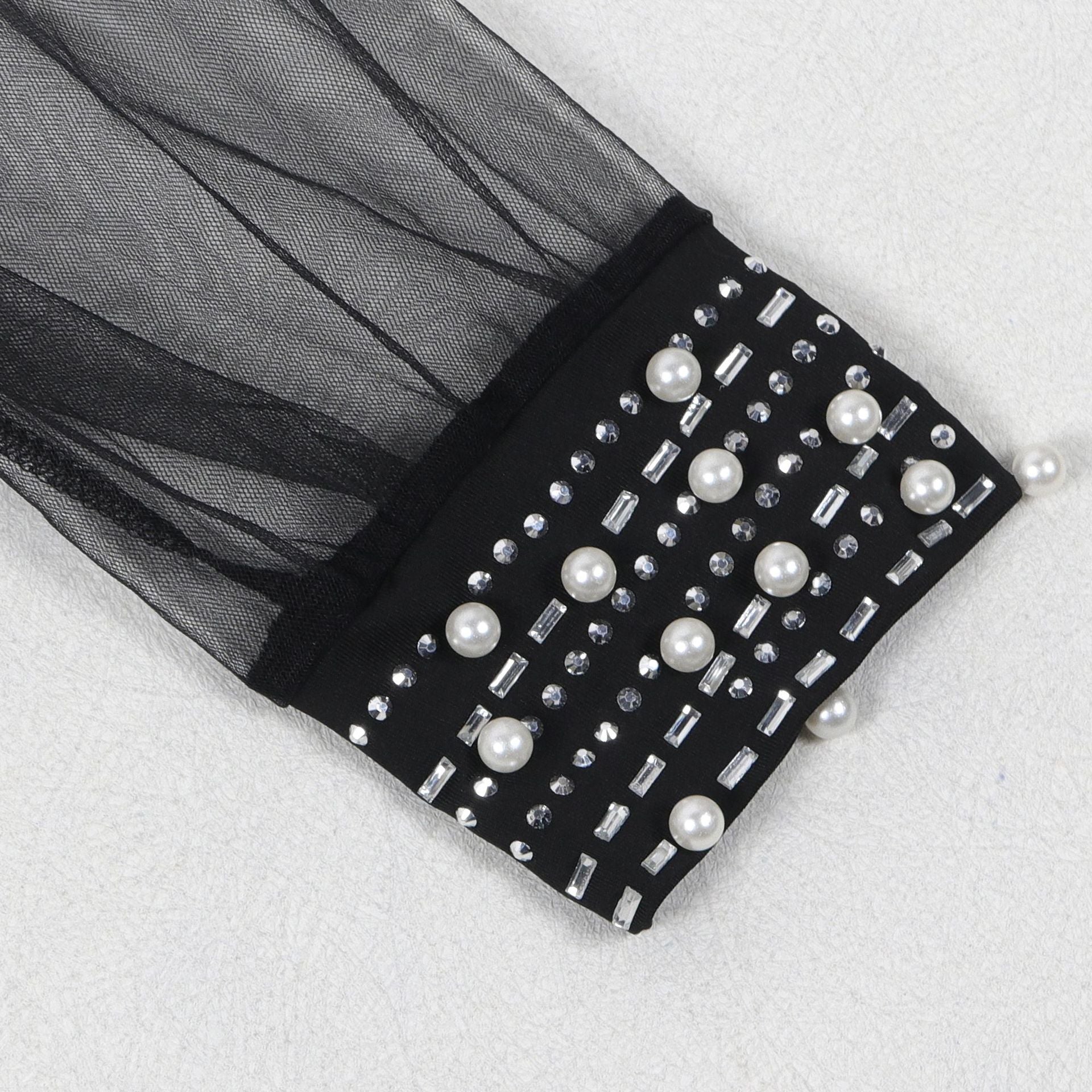 Sexy Beaded V-Neck See-Through Mesh Sleeve Patchwork Bodycon Dress 5