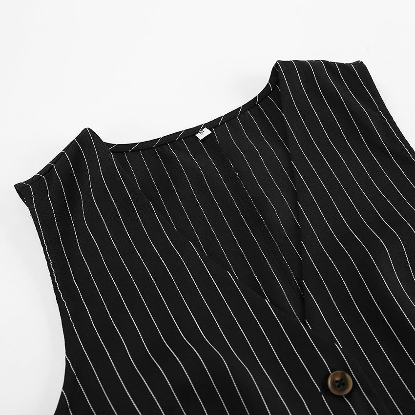 Summer Black And White Striped Chic Career Sleeveless Vest Pants Fashion Two-Piece Set 16