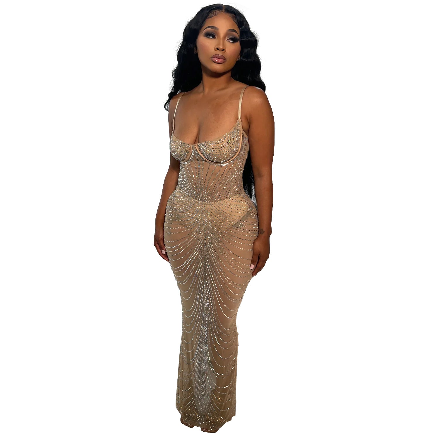 Women's Fashion Solid Color Mesh Beaded Slip Maxi Dress 6