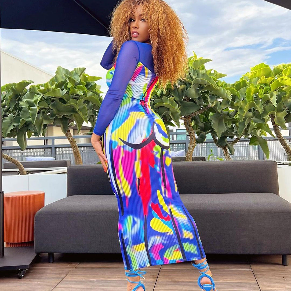 Women's Mesh Long Sleeve Square Neck Printed Dress 3