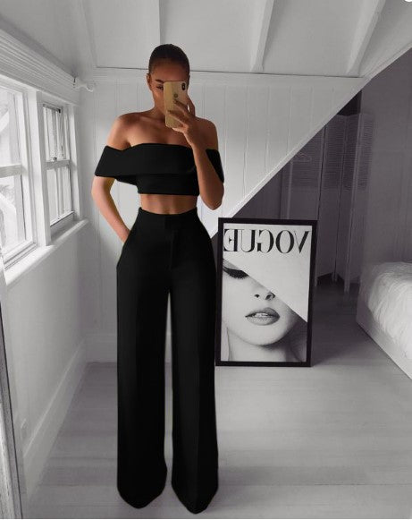 Women Elegant Off Shoulder crop top+ Loose Pants Two Piece 5