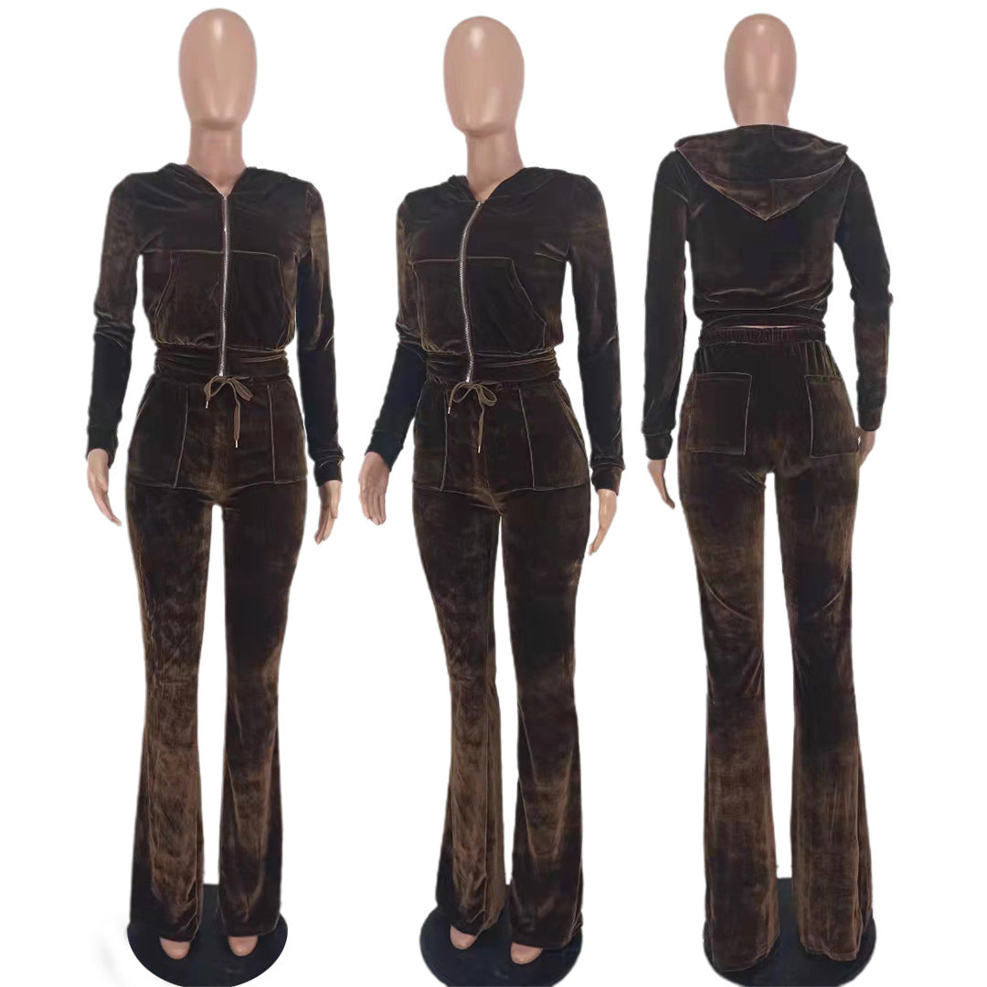 Women's Solid Velvet Casual Zipper Hoodies Wide Leg Pants Two Piece Set 50