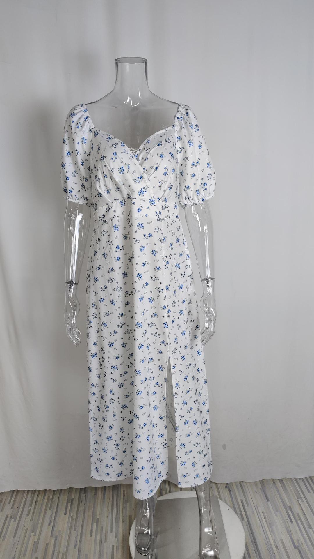 Women's Clothing Sexy V-neck Puff Sleeves French Elegant Floral Dress 12