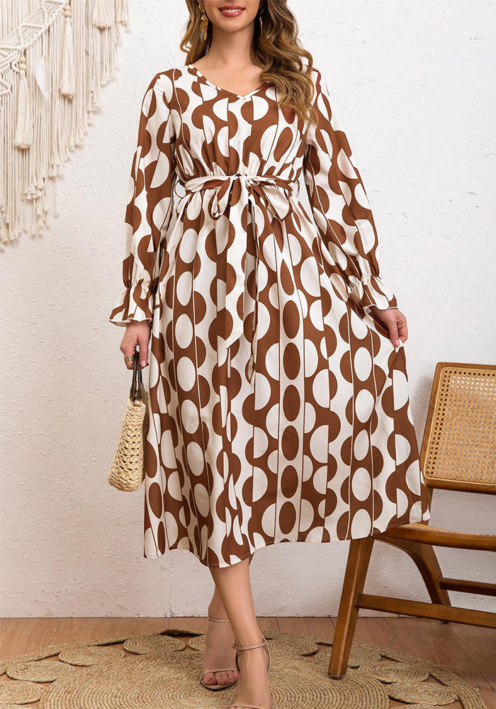 Women Holidays Geometric Print Lace-up Lotus Sleeve Long Sleeve Dress