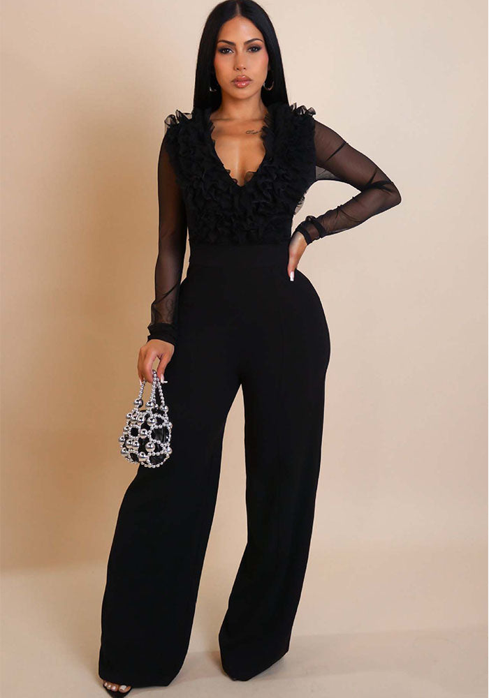 Women Mesh Patchwork Long Sleeve Sports Fitness Jumpsuit