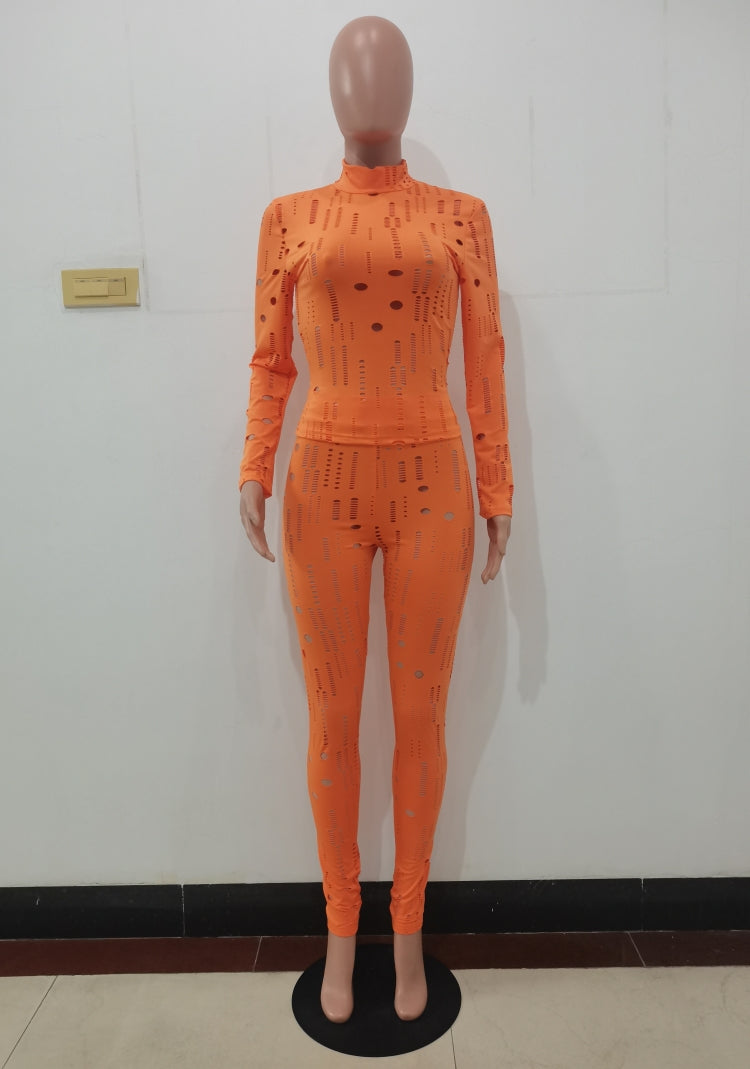 Spring Orange Sexy Hollow Out Tight Top and Pants Two Piece Set 6