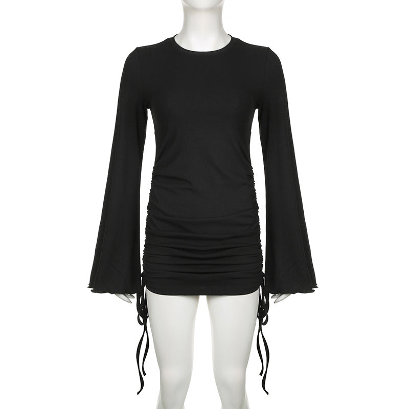 Autumn Round Neck Bell Bottom Long-Sleeved Drawstring Elegant Knitting Dress 13