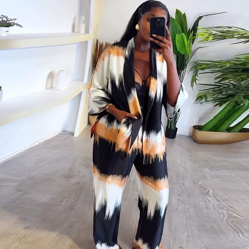 Spring And Autumn Women's Printed Long Sleeve Cardigan Trousers Two-Piece Set 6