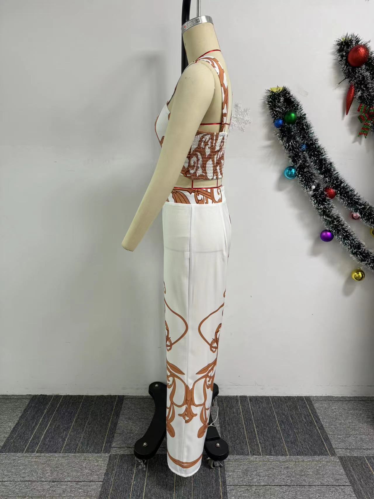 Women Sexy Print Suspender Top and Wide Leg Pants Two-piece Set 7