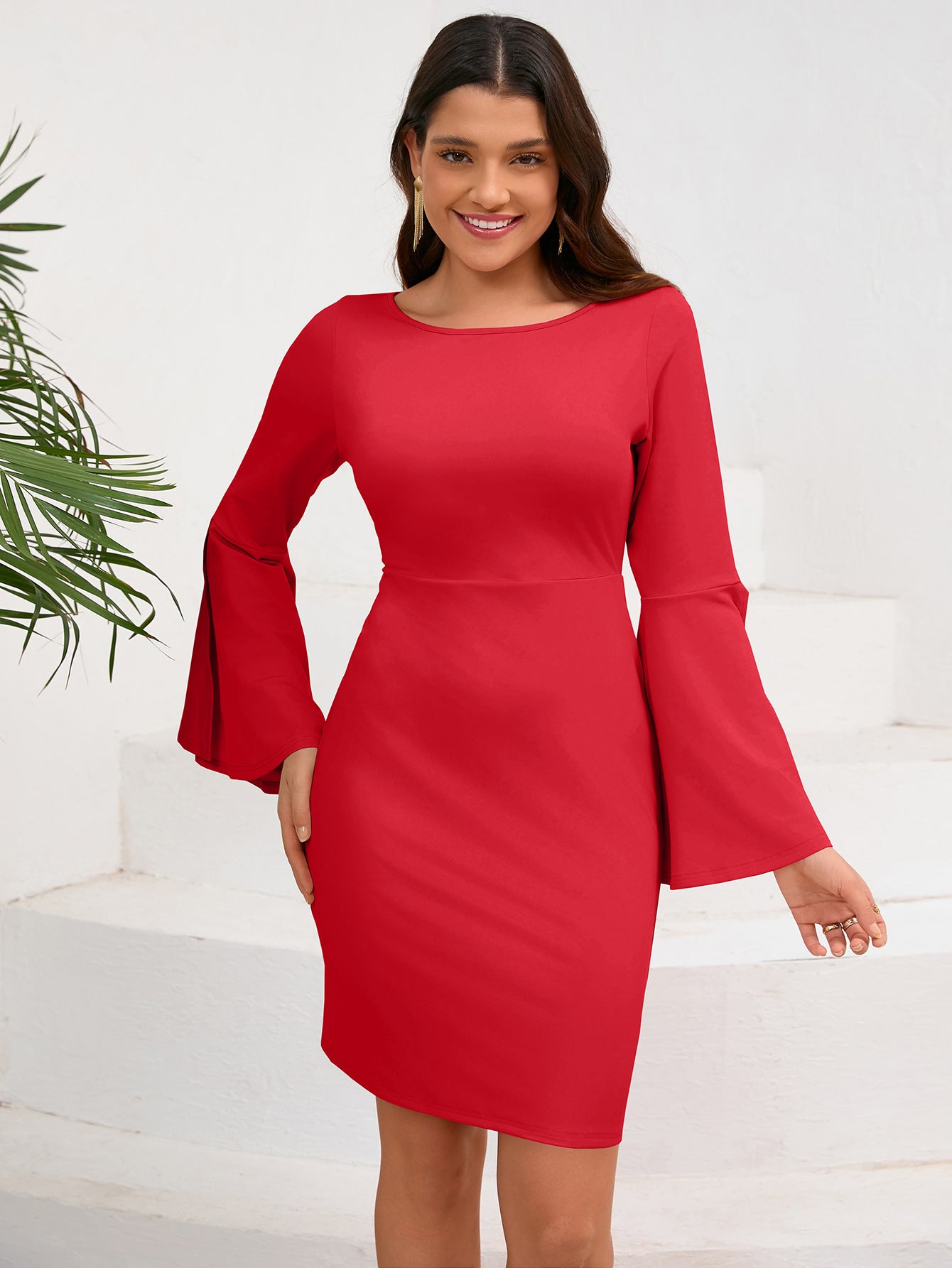 Autumn winter sexy women's Round Neck Bell Bottom sleeve Bodycon Dress 3
