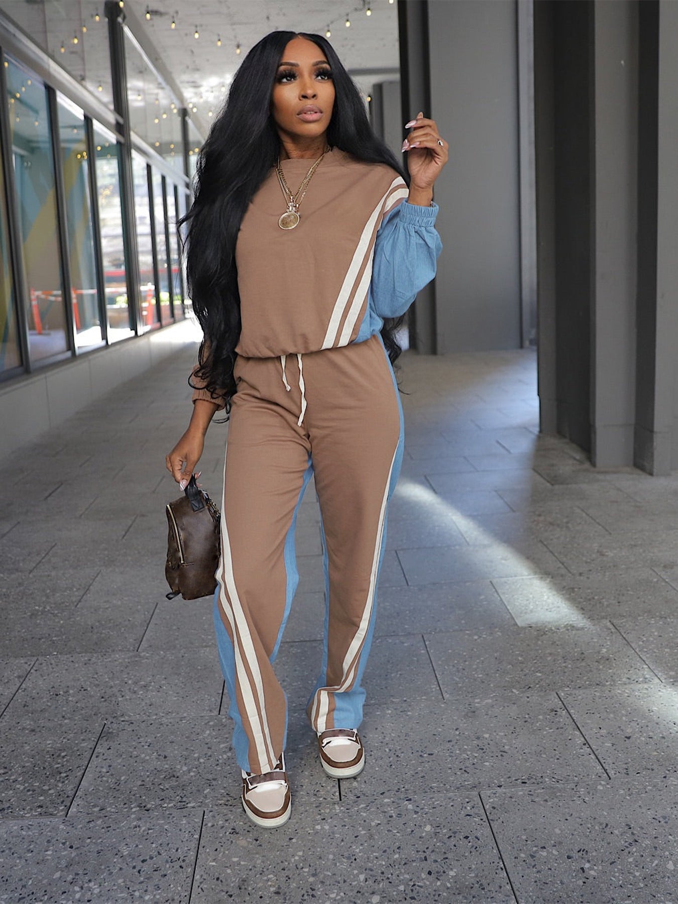 Autumn Winter Sport Color Block Striped Long Sleeve Hoodies Drawstring Pants Two-Piece Set