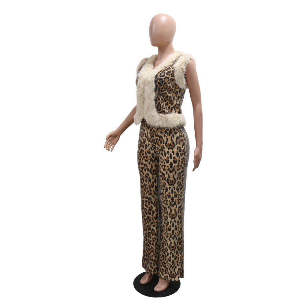Women's Casual fashion leopard print sequins fur sleeveless top slim trousers two-piece set 7