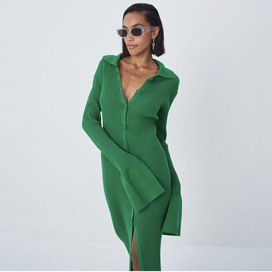 Women's Fall Fashion Women's Long Sleeve V Neck Long Button Bell Bottom Sleeve Sweater Dress 8