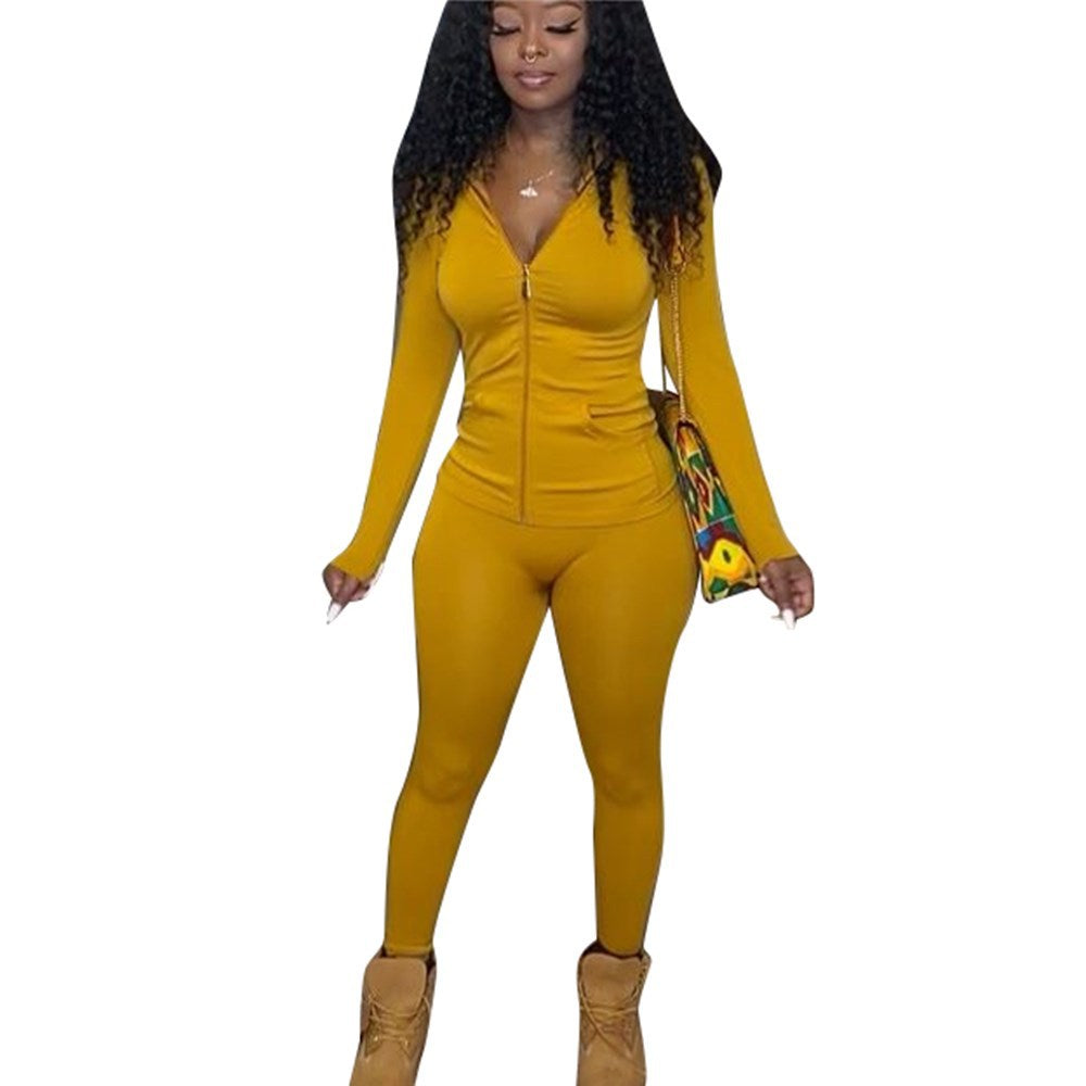 Women Casual Solid Long Sleeve Zip Top and Pant Two-Piece Set 17