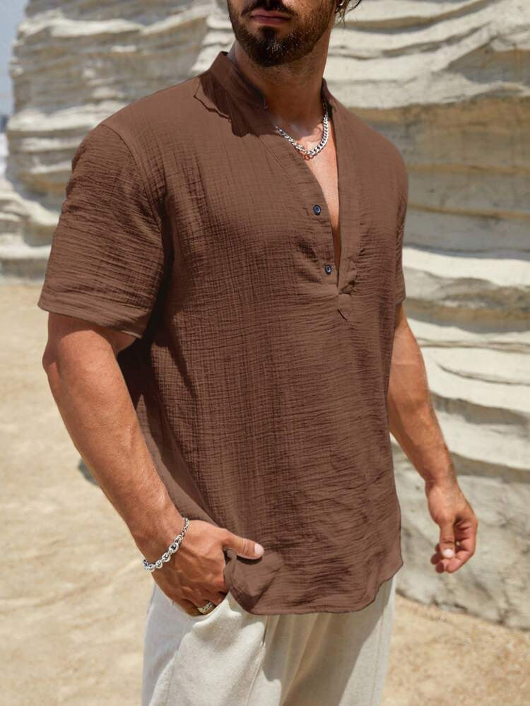 Men's Solid Stand Collar Short-Sleeve Fashion Shirt 29