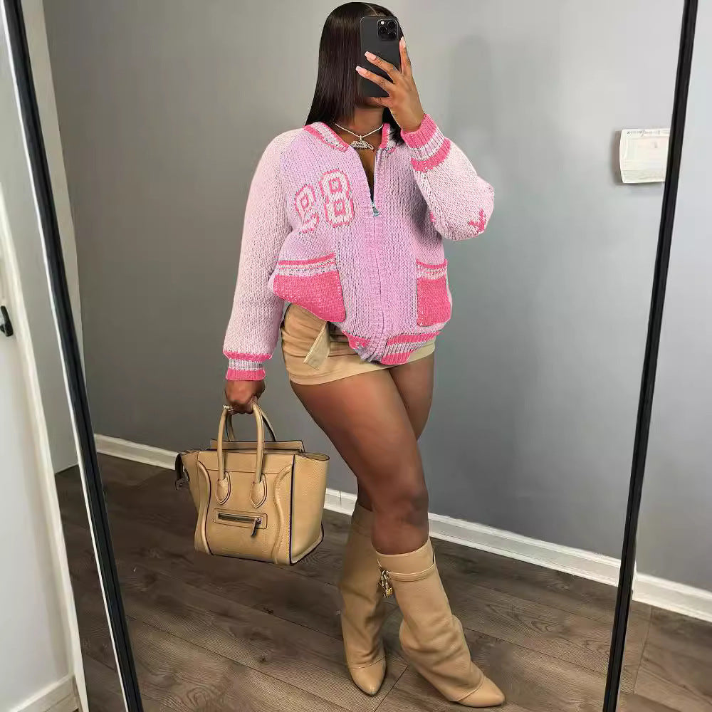 Women's Letter Baseball Sweater Women's Loose Cardigan Casual Long Sleeve Top 5