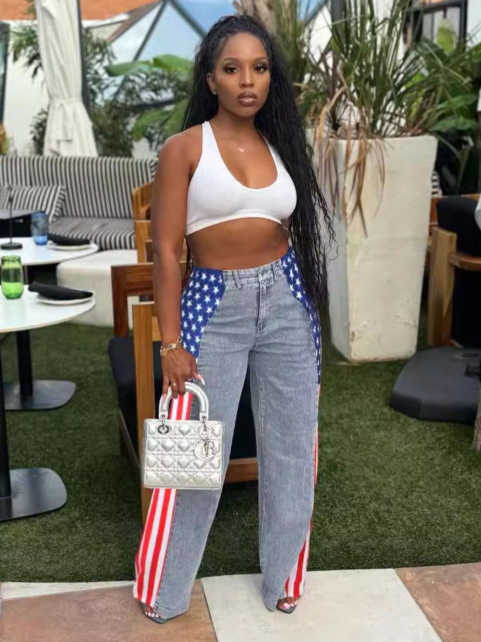 Women American Flag Printed Elastic Wide Leg Denim Pants 5