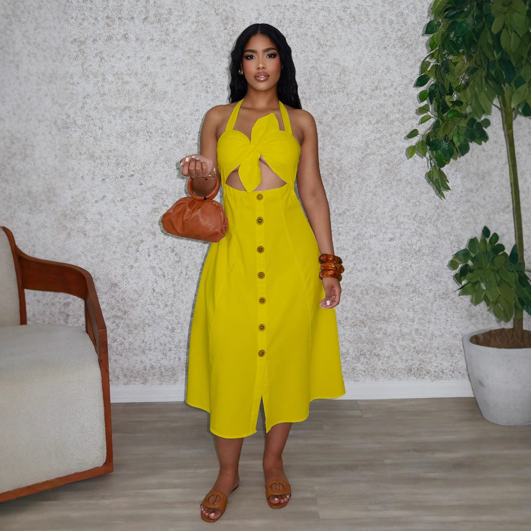 Women Elegant Career Solid Knot Halter Neck Lace-Up Dress 7