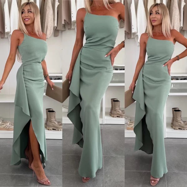 Summer Slash Shoulder Split Sleeveless Women's Sexy Slim Evening Dress 4