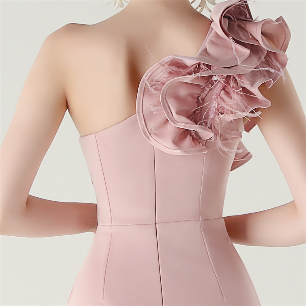 Women One-Shoulder Beaded Wool and Floral Satin Slit Sexy Evening Dress 86