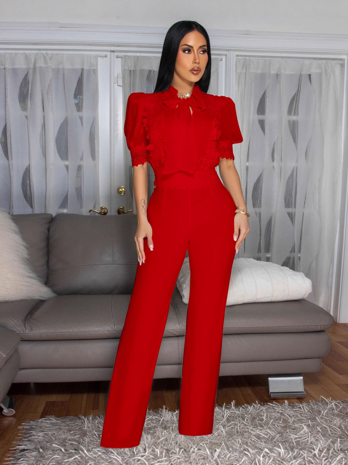 Women Elegant Style Lace Patchwork Lace-Up Wide-Leg Jumpsuit 5