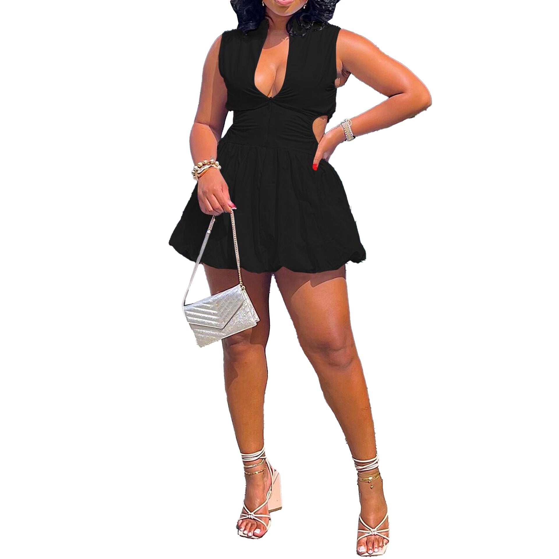 Casual Fashion Solid Color Slim Waist Cutout Puffy V-Neck Dress 4