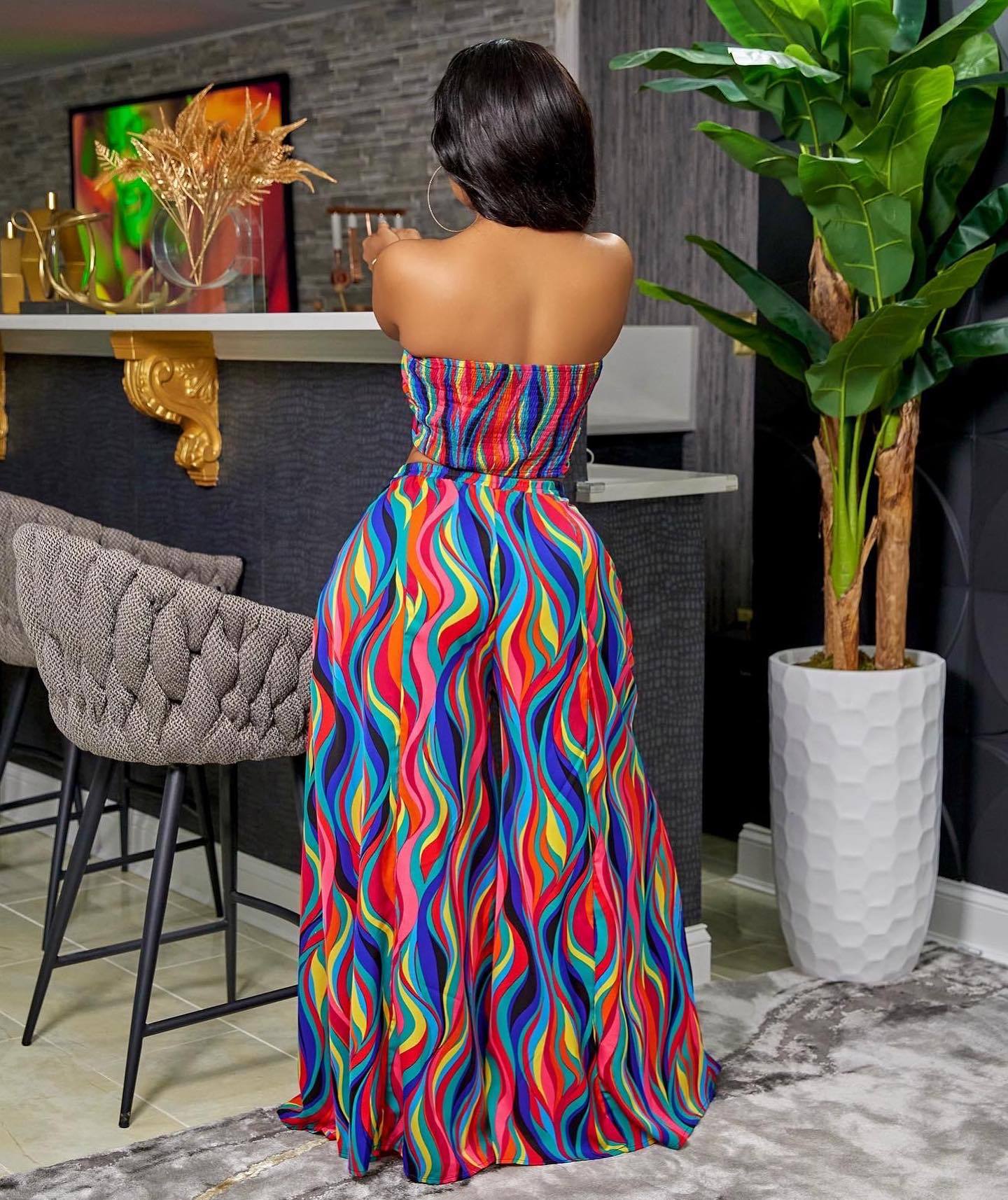 Women's Spring/Summer Colorful Print trapless Tube Top Wide Leg Pants Two Piece Set 3