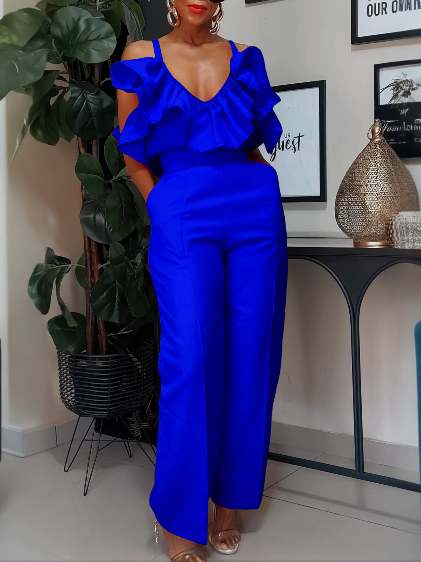 African Women summer v-neck ruffle suspender top trousers two-piece set 8