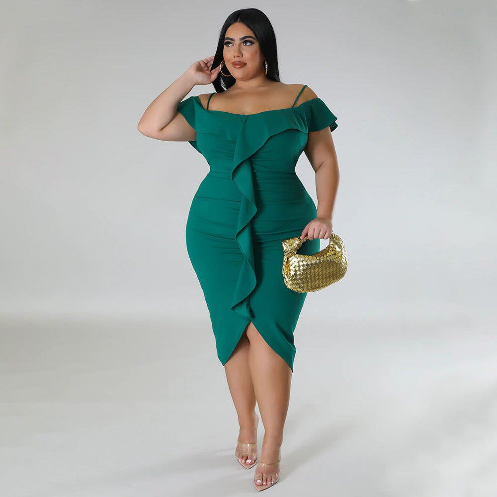 Plus Size Women Solid Off Shoulder Midi Dress 3