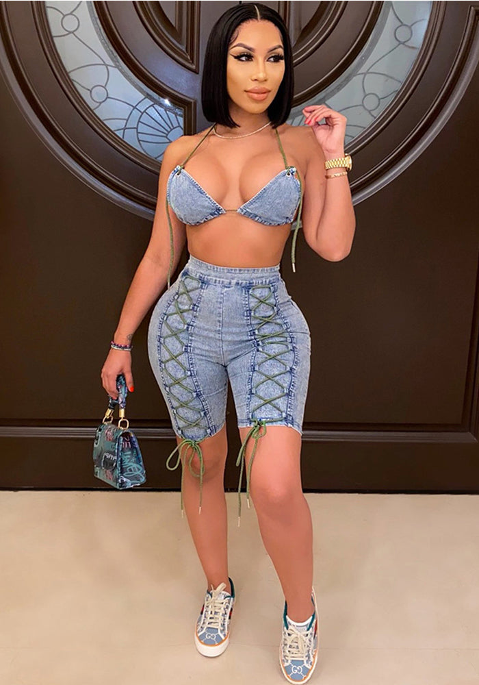 Women's Stretch Zipper Denim Pants Bra Set