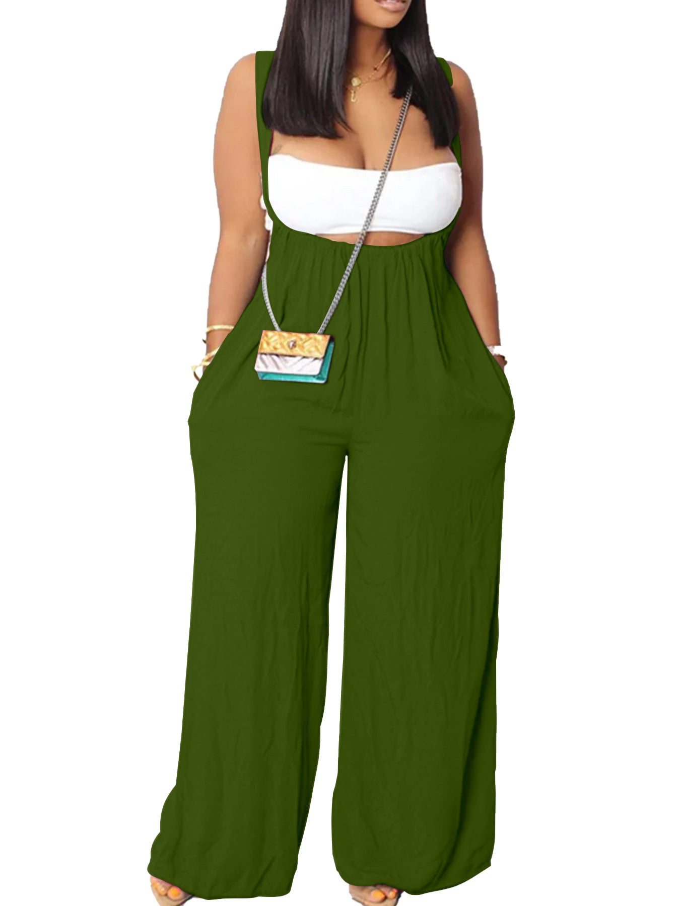 Drawstring Suspenders Wide Leg Trousers Strapless Crop Top Two-Piece Set 19