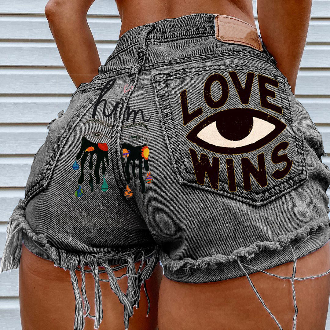 Eye Graffiti Pattern Denim Shorts For Women