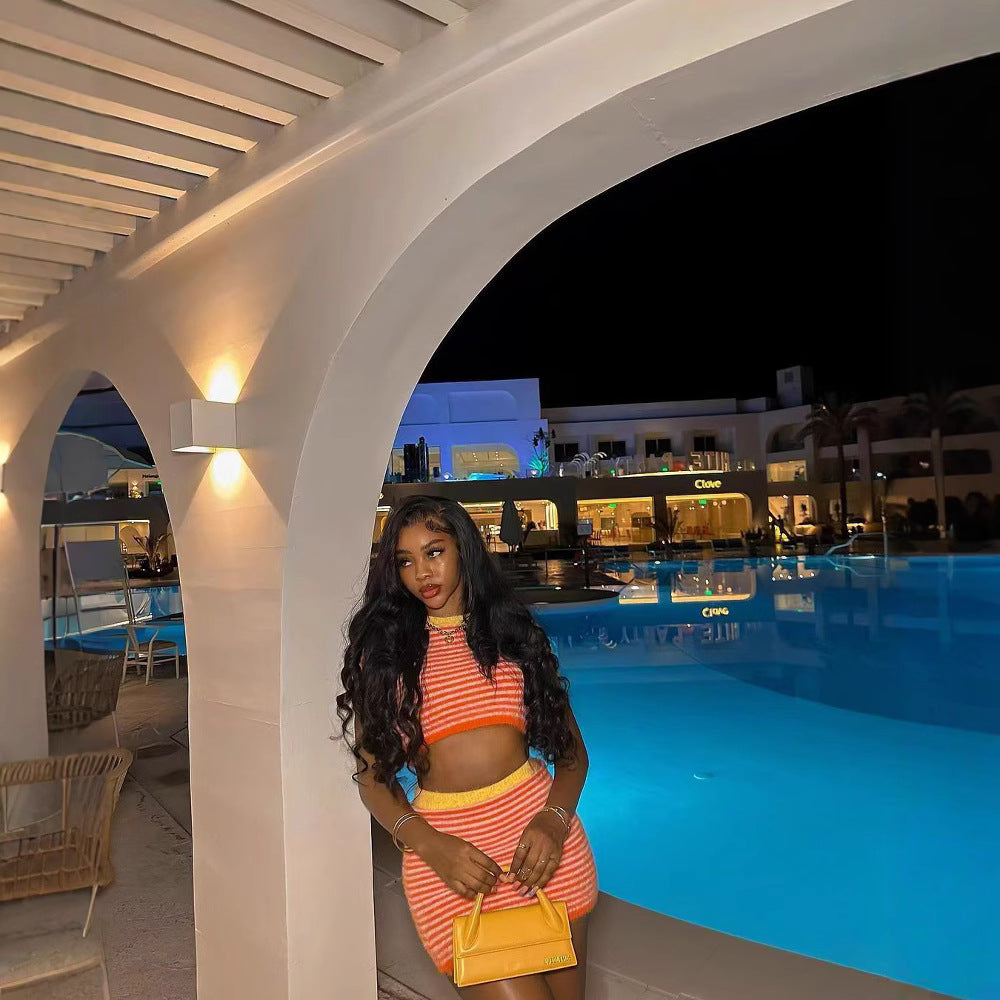 Women's Sexy Stripes short sleeve Knitting Crop Top Skirt Set