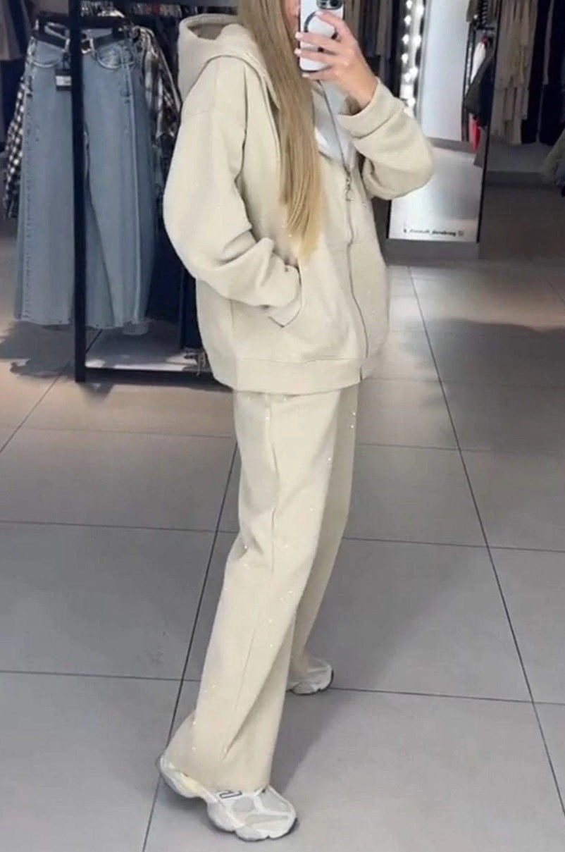 Women Autumn Winter Zipper Beaded Casual Hooded Hoodies Wide-Leg Pants Two-Piece Sports Suit 10