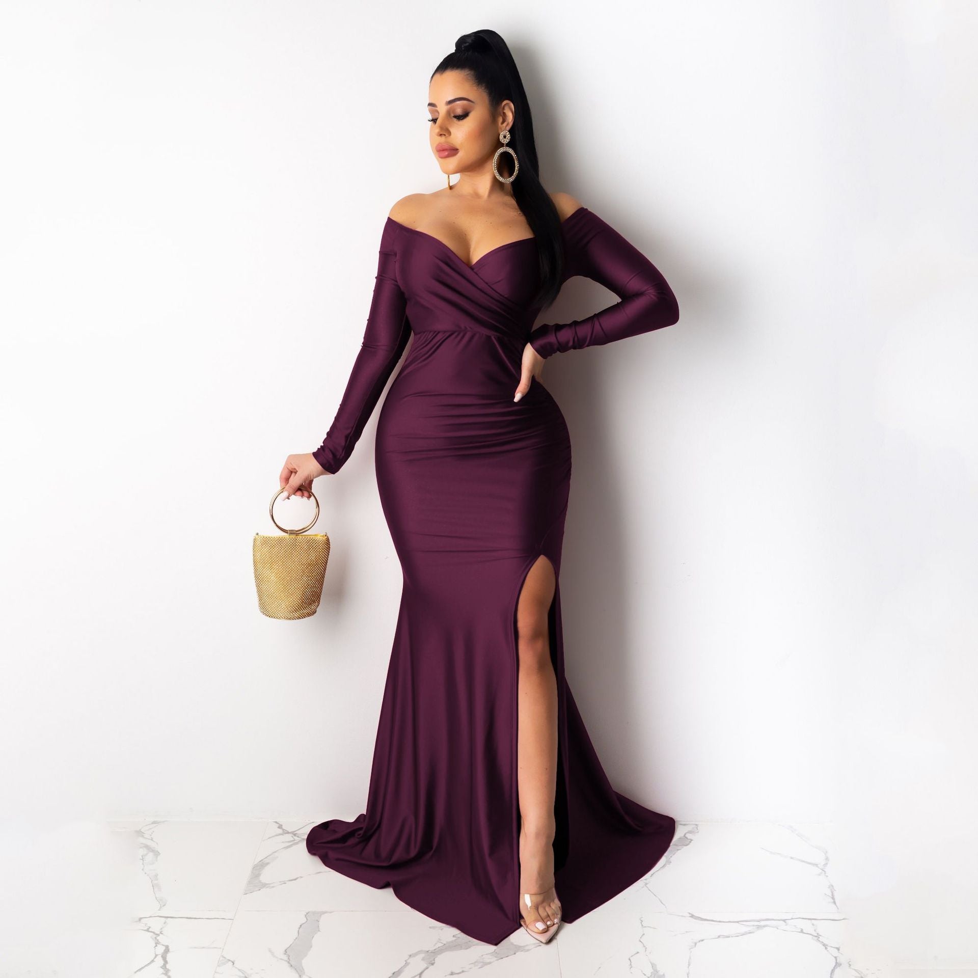 Women Sexy V-Neck Dress Solid Slit Long Sleeve Maxi Dress 7