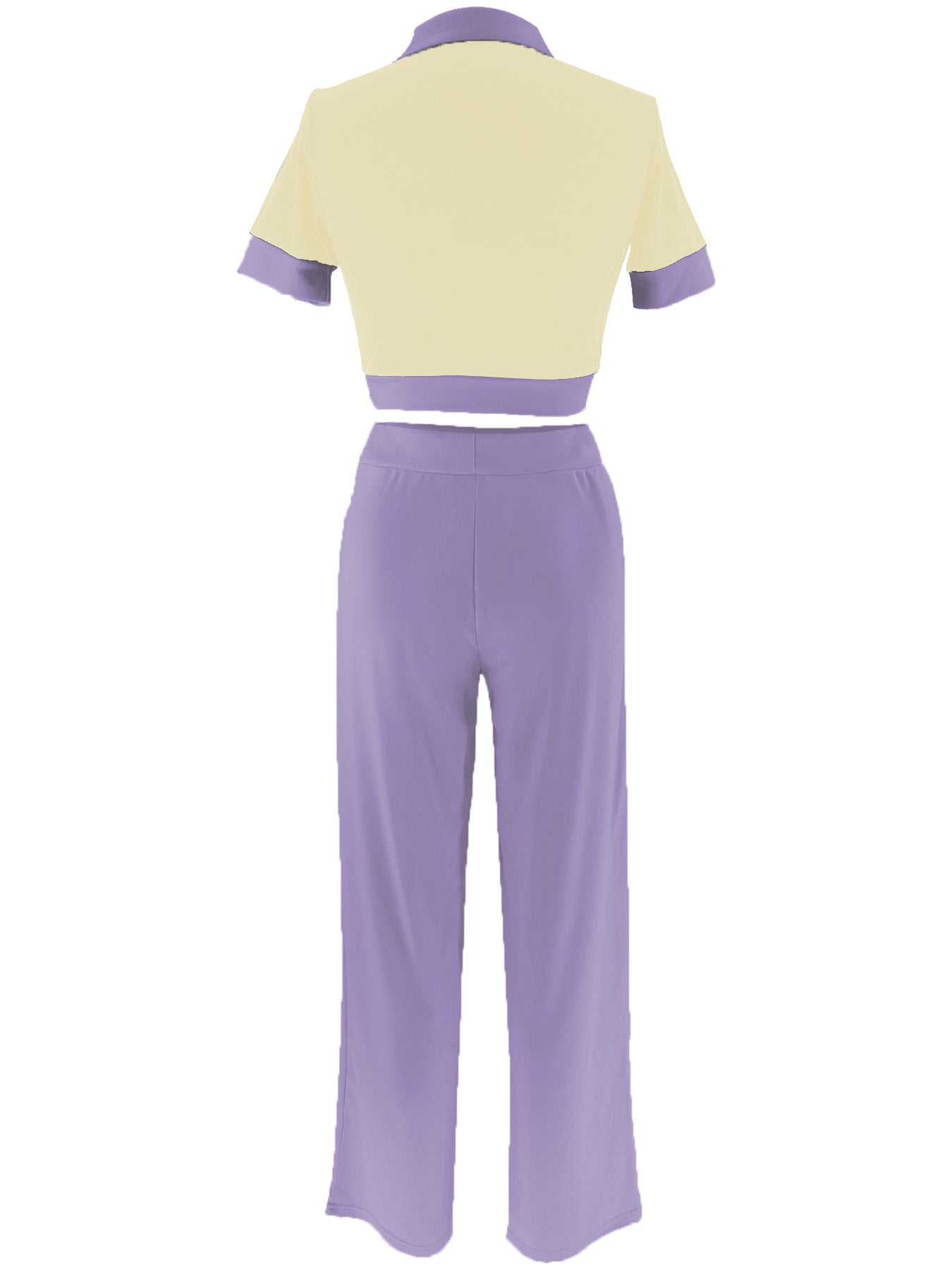 Women's Summer Patchwork Contrast Color Turndown Collar Short Sleeve Top Wide Leg Pants Fashion Two Piece Set 28