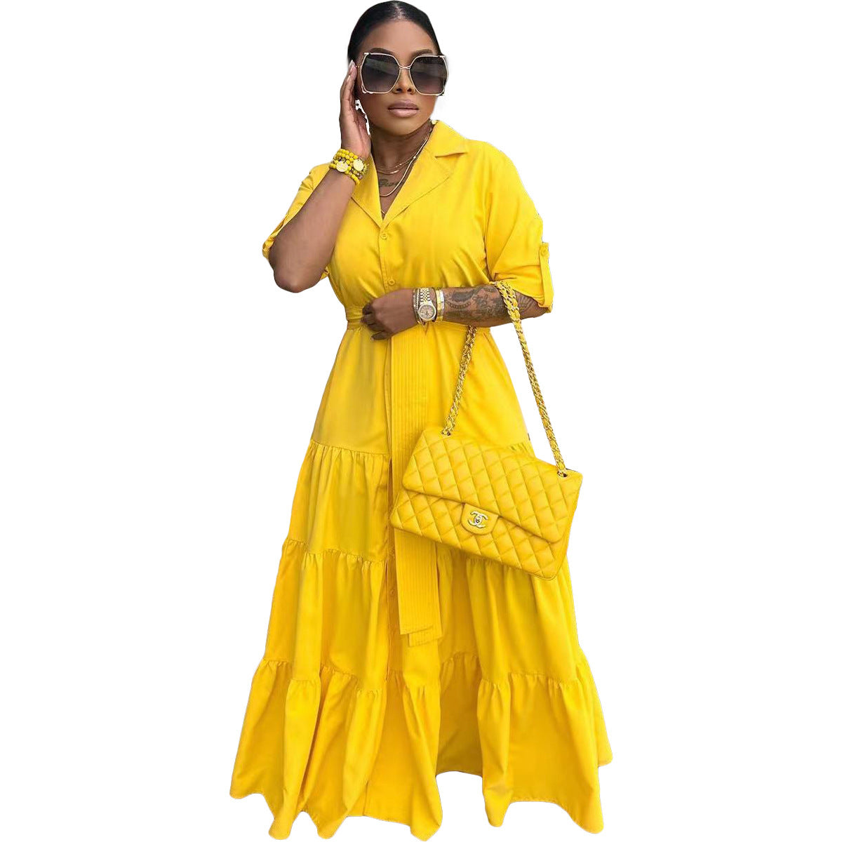 Spring Summer Women's Solid A-Line Shirt Dress With Belt 6