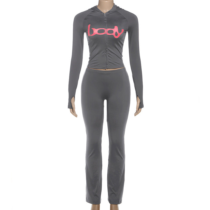 Women Fall/Winter Hooded Letter Print Zipper Top and Pants Two-Piece Set 5