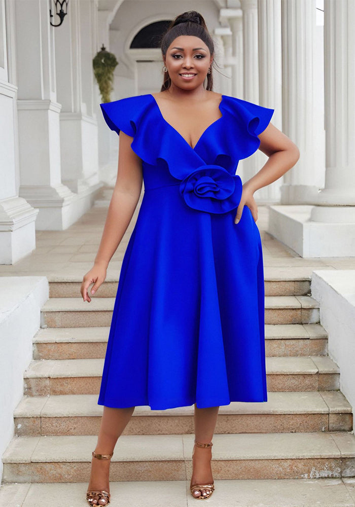 Women Plus Size V-Neck Ruffle Flower Formal Party Dress