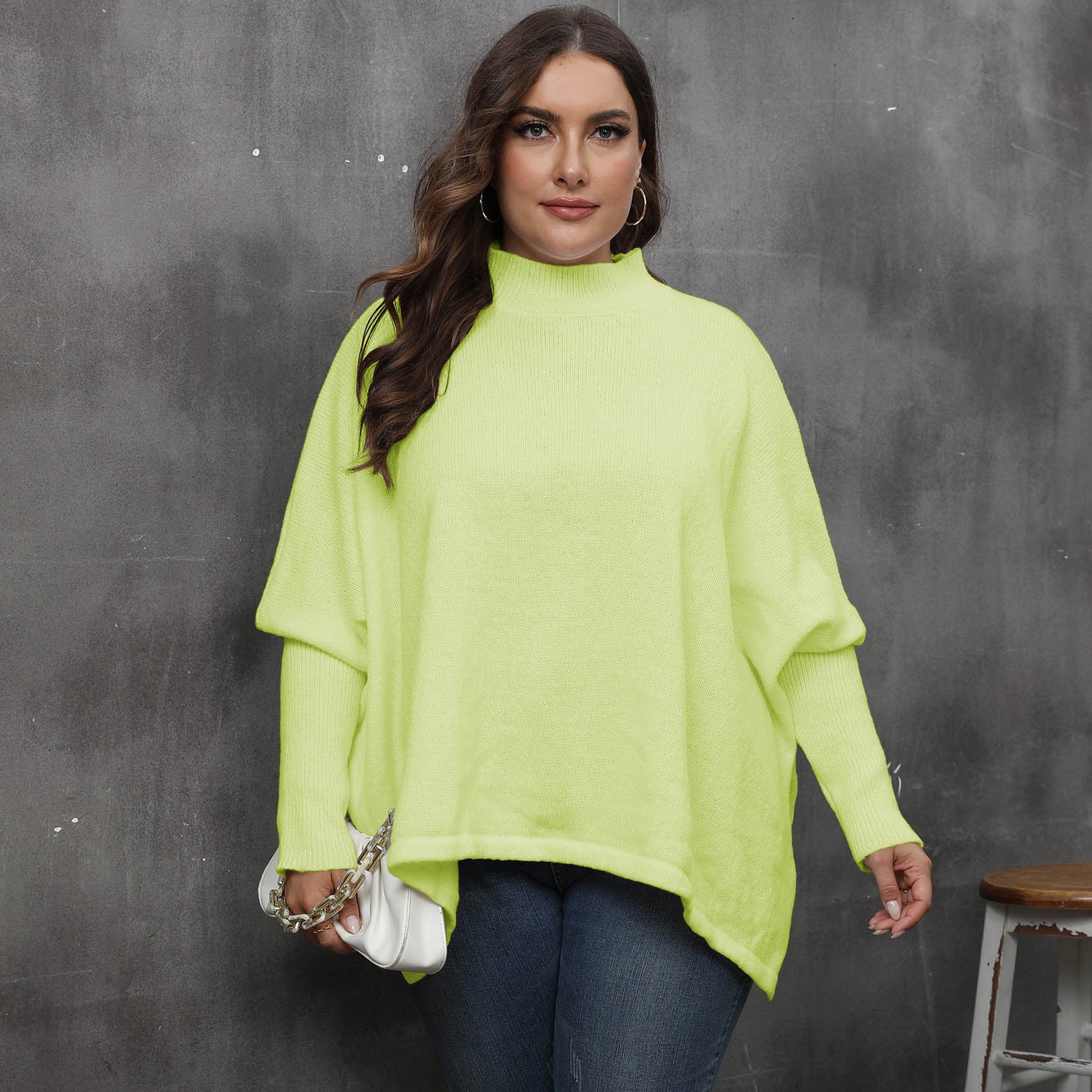 Women's Pullover Top Plus Size Women's Slit Bat Sleeves Turtleneck Loose Sweater 4