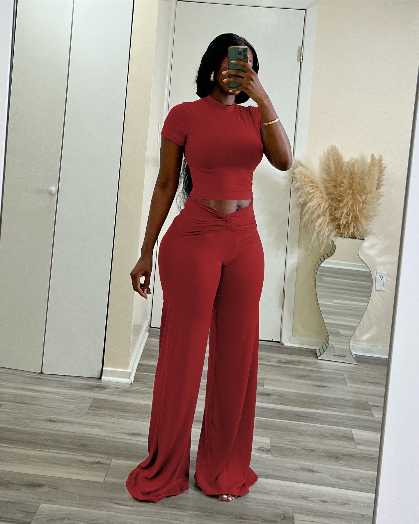 Women Summer Solid Stretch Knot Top and Wide Leg Pants Two-Piece Set 9