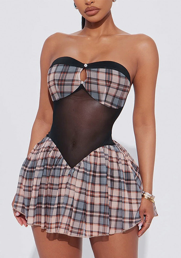 Women's Strapless Low Back Pleated Plaid Patchwork Mesh Dress