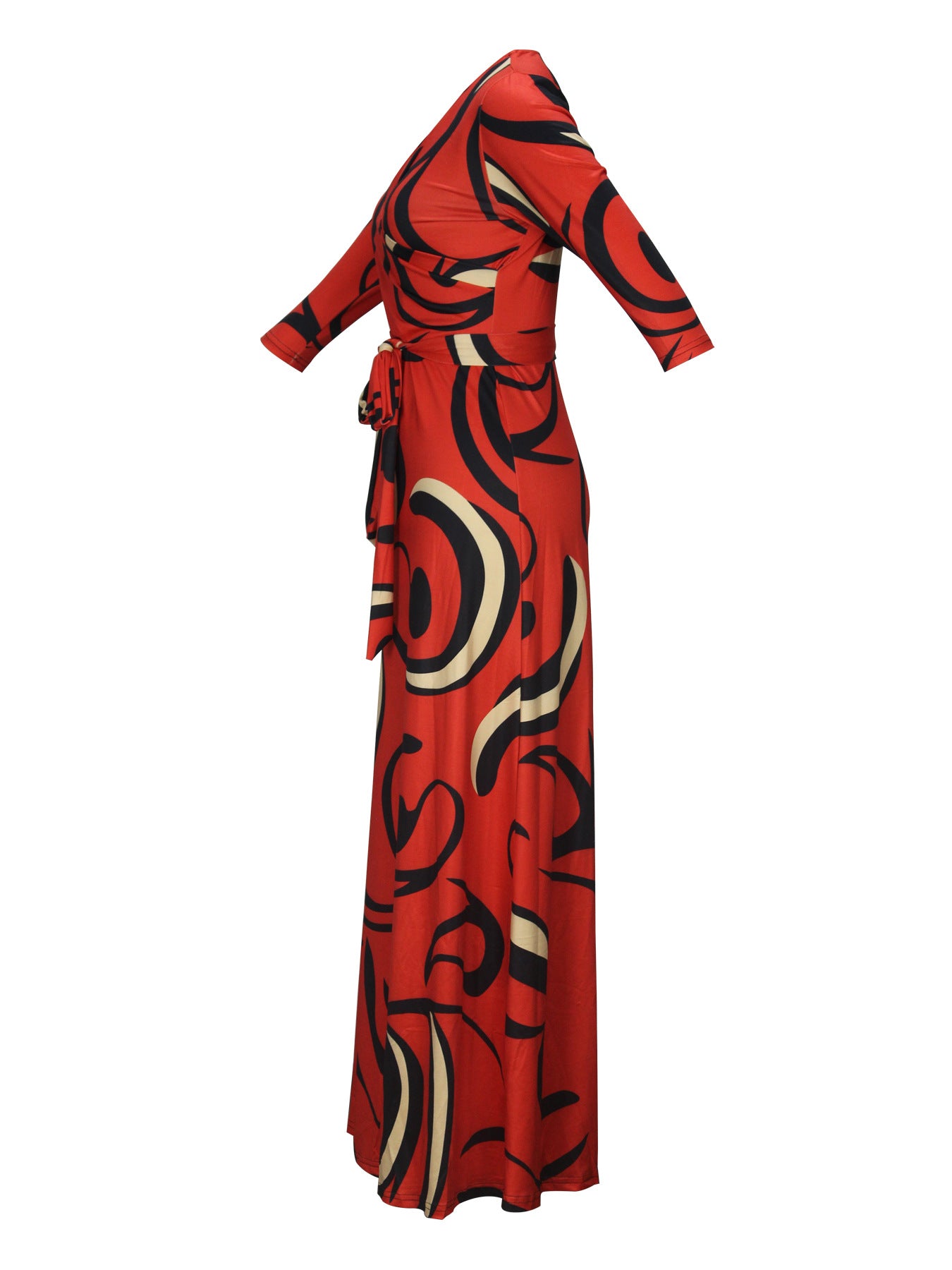 Spring & Autumn Women's Fashion Elegant Wrap V-Neck Half-Sleeve Print Belt Maxi Dress 87