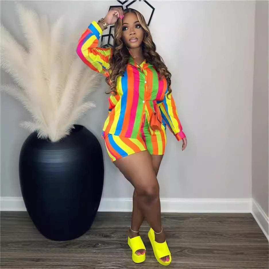 Women Popular Stripe Top and Shorts Casual Two-piece Set 4