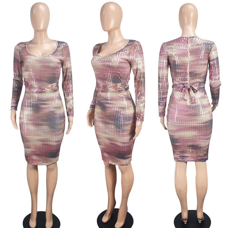 Women's Fashionable V-Neck Long-Sleeved Sequined Bodycon Dress 5