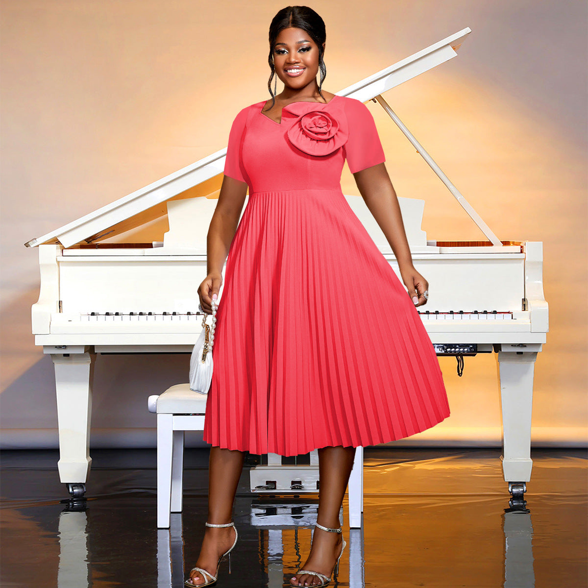 Plus Size Women Watermelon Red Short Sleeve Lace Elegant Maxi Summer Pleated Dress