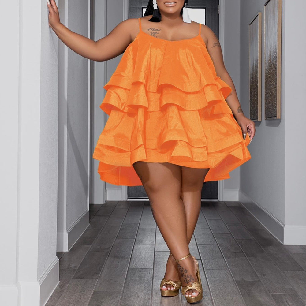 Plus Size Women Suspenders Cascading Ruffles Dress 5