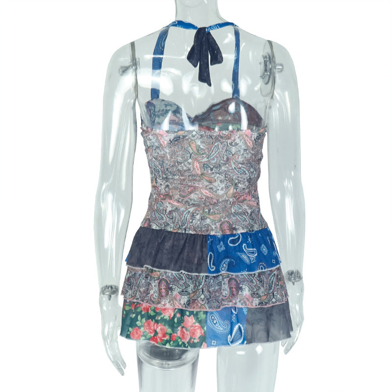 Women Printed Halter Neck Backless Ruffle Mini Dress 7