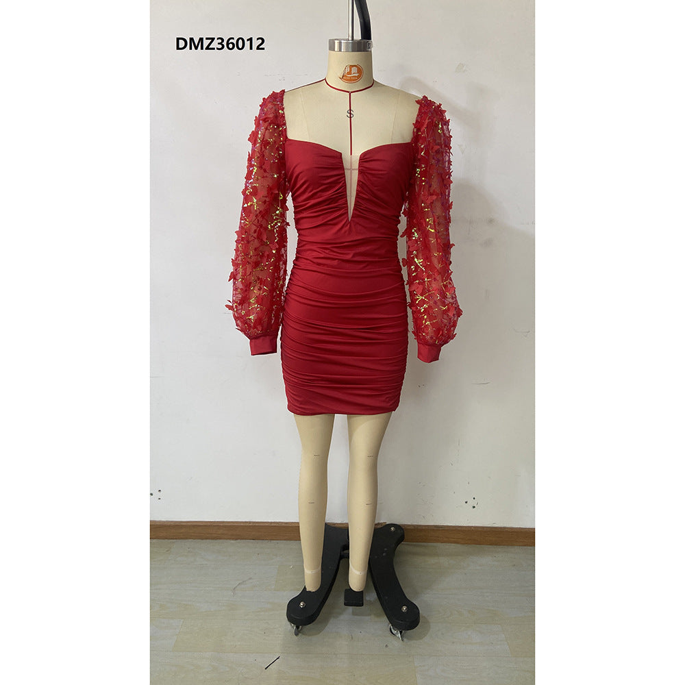 Autumn Winter Sexy Chic Dress Butterfly Sequin Lantern Sleeve Long Sleeve Party Nightclub Dress 8
